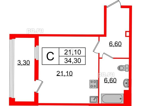 Квартира в ЖК Миръ, студия, 34.3 м², 4 этаж