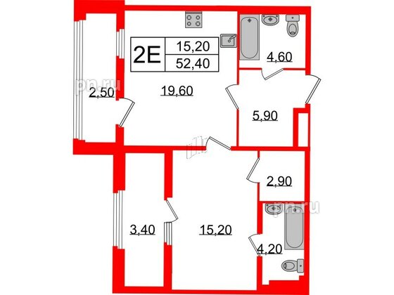 Квартира в ЖК Миръ, 1 комнатная, 52.4 м², 6 этаж