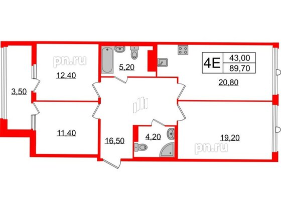 Квартира в ЖК Миръ, 3 комнатная, 89.7 м², 6 этаж