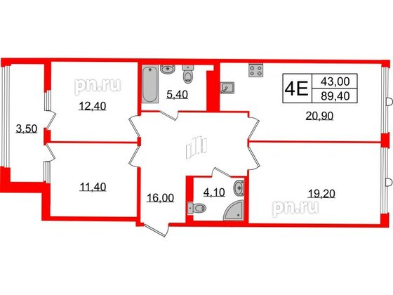 Квартира в ЖК Миръ, 3 комнатная, 89.4 м², 7 этаж