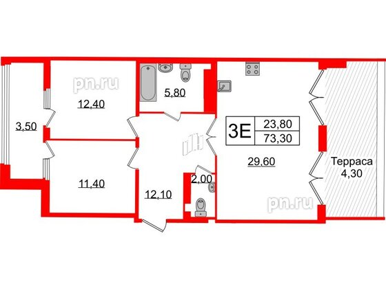 Квартира в ЖК Миръ, 2 комнатная, 73.3 м², 8 этаж