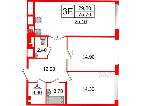 Квартира в ЖК Миръ, 2 комнатная, 76.8 м², 3 этаж