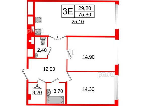 Квартира в ЖК Миръ, 2 комнатная, 76.6 м², 5 этаж