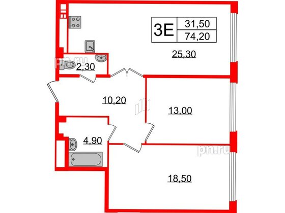 Квартира в ЖК Миръ, 2 комнатная, 74.2 м², 3 этаж