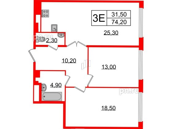 Квартира в ЖК Миръ, 2 комнатная, 74.2 м², 5 этаж