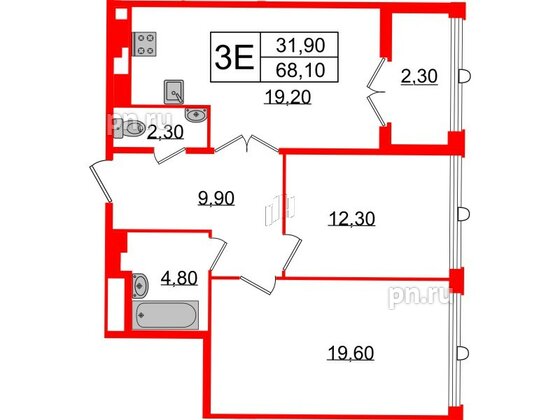 Квартира в ЖК Миръ, 2 комнатная, 68.1 м², 6 этаж