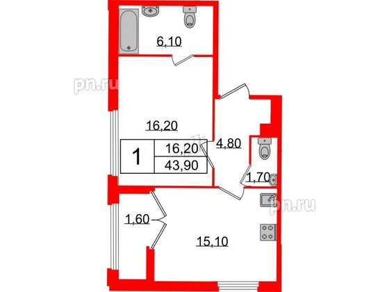 Квартира в ЖК Миръ, 1 комнатная, 43.5 м², 4 этаж