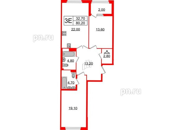 Квартира в ЖК Миръ, 2 комнатная, 80.2 м², 5 этаж