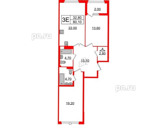 Квартира в ЖК Миръ, 2 комнатная, 80.1 м², 6 этаж