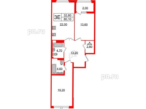 Квартира в ЖК Миръ, 2 комнатная, 80.1 м², 7 этаж