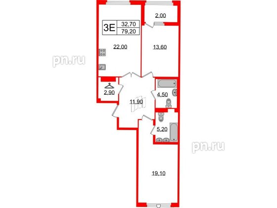 Квартира в ЖК Миръ, 2 комнатная, 79.2 м², 7 этаж