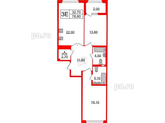 Квартира в ЖК Миръ, 2 комнатная, 78.8 м², 8 этаж