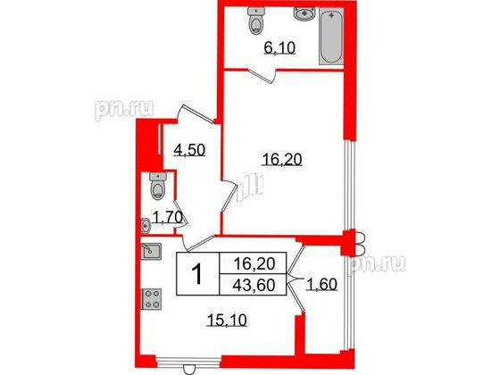 Квартира в ЖК Миръ, 1 комнатная, 43.2 м², 7 этаж