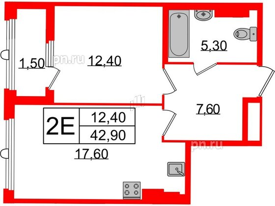 Квартира в ЖК Миръ, 1 комнатная, 42.9 м², 7 этаж