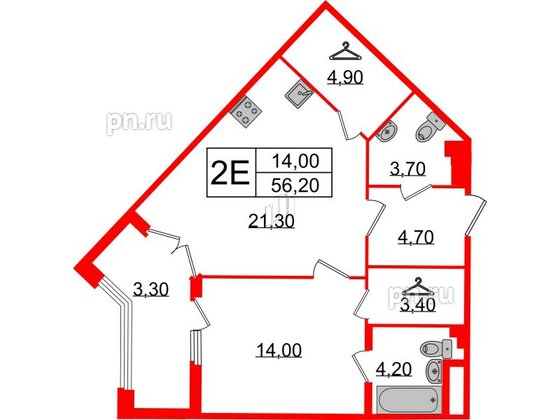 Квартира в ЖК Миръ, 1 комнатная, 56.2 м², 4 этаж