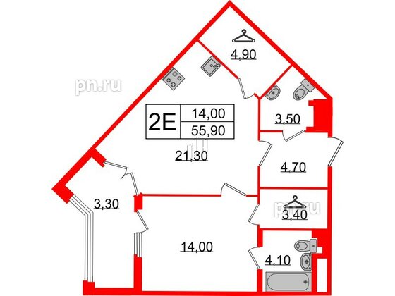 Квартира в ЖК Миръ, 1 комнатная, 55.9 м², 6 этаж