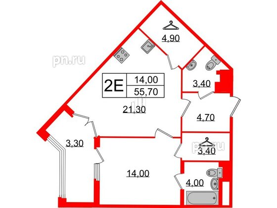 Квартира в ЖК Миръ, 1 комнатная, 55.7 м², 7 этаж