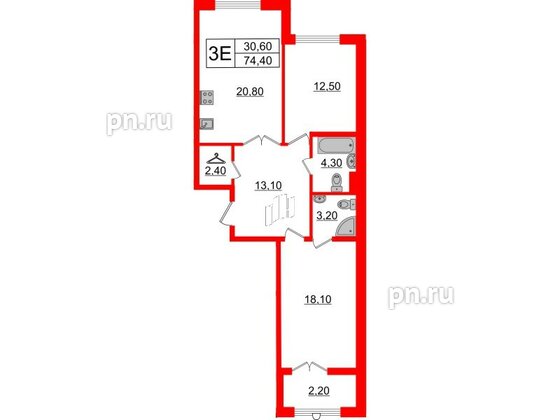 Квартира в ЖК Миръ, 2 комнатная, 74.4 м², 6 этаж