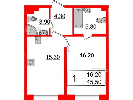 Квартира в ЖК Миръ, 1 комнатная, 45.5 м², 3 этаж