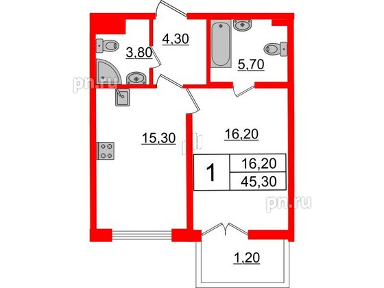 Квартира в ЖК Миръ, 1 комнатная, 45.3 м², 4 этаж