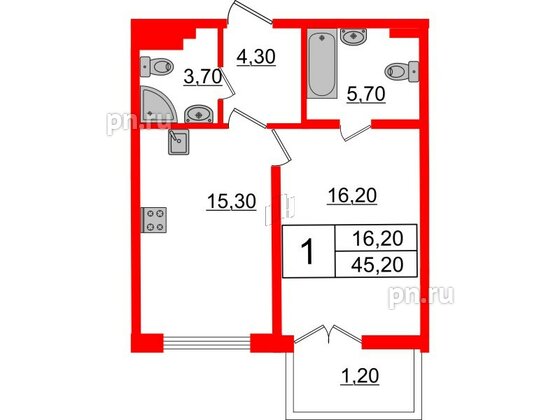 Квартира в ЖК Миръ, 1 комнатная, 45.2 м², 5 этаж