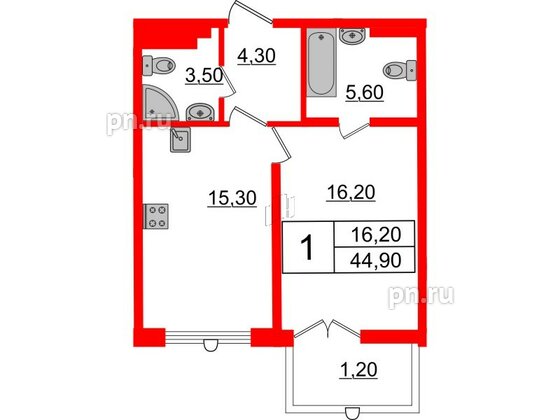 Квартира в ЖК Миръ, 1 комнатная, 44.9 м², 7 этаж