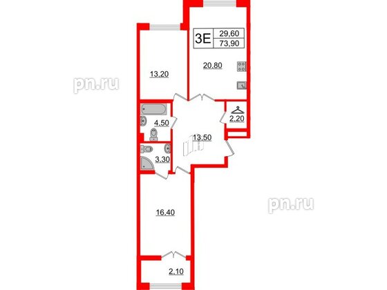 Квартира в ЖК Миръ, 2 комнатная, 73.9 м², 4 этаж