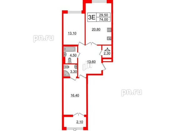 Квартира в ЖК Миръ, 2 комнатная, 74 м², 6 этаж