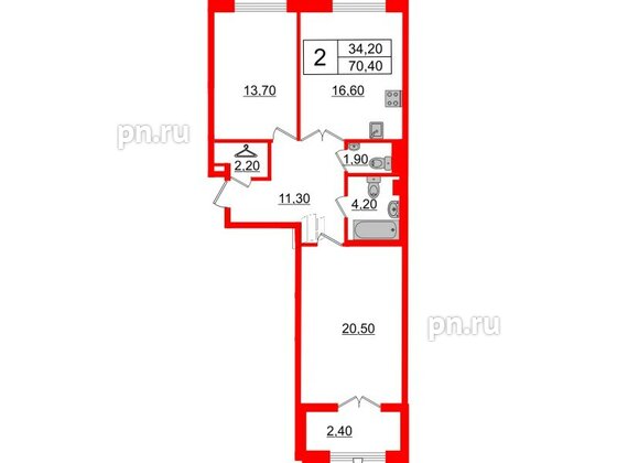 Квартира в ЖК Миръ, 2 комнатная, 70.4 м², 6 этаж