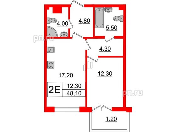 Квартира в ЖК Миръ, 1 комнатная, 48.3 м², 4 этаж