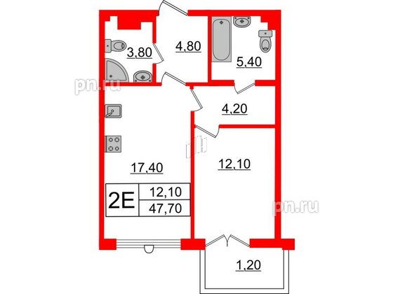 Квартира в ЖК Миръ, 1 комнатная, 48 м², 6 этаж