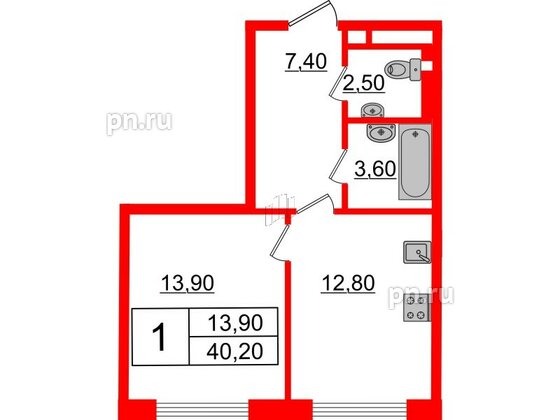 Квартира в ЖК Миръ, 1 комнатная, 40.2 м², 5 этаж