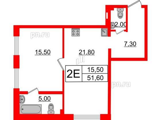 Квартира в ЖК Миръ, 1 комнатная, 51.6 м², 3 этаж