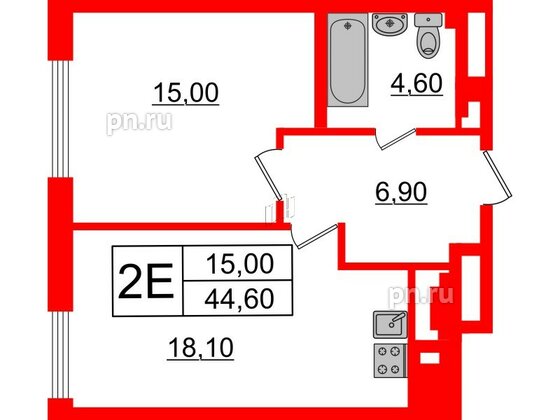 Квартира в ЖК Миръ, 1 комнатная, 44.6 м², 5 этаж