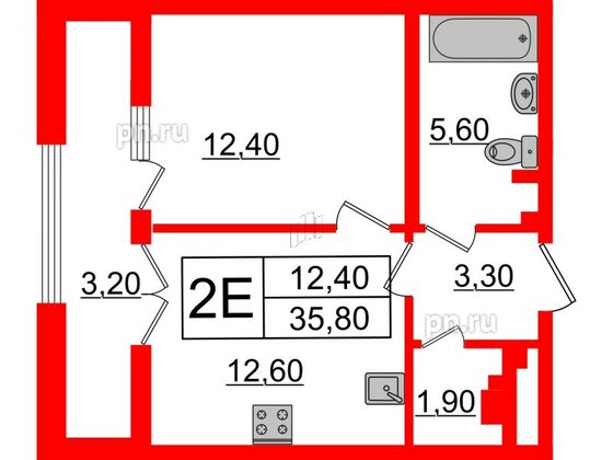 Квартира в ЖК Миръ, 1 комнатная, 35.8 м², 3 этаж