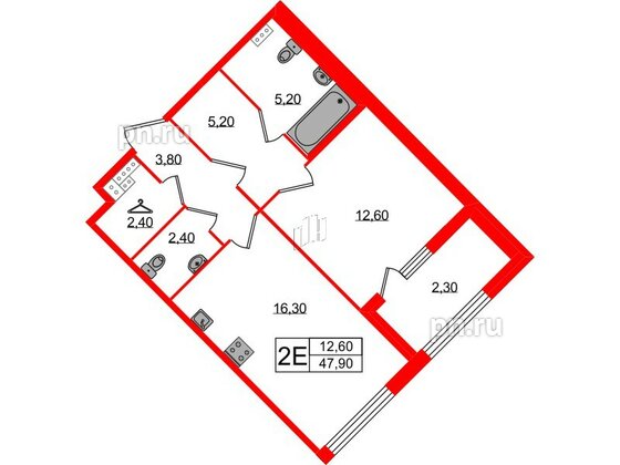 Квартира в ЖК Миръ, 1 комнатная, 47.9 м², 4 этаж