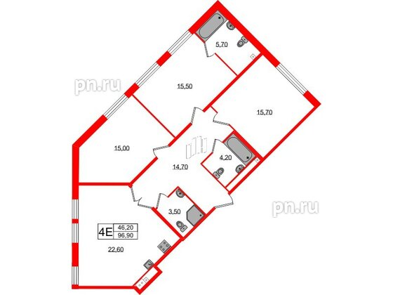 Квартира в ЖК Миръ, 3 комнатная, 97.7 м², 2 этаж