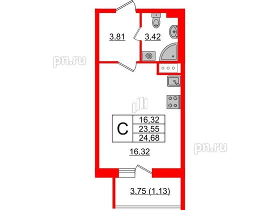 Квартира в ЖК Астрид, студия, 24.68 м², 3 этаж