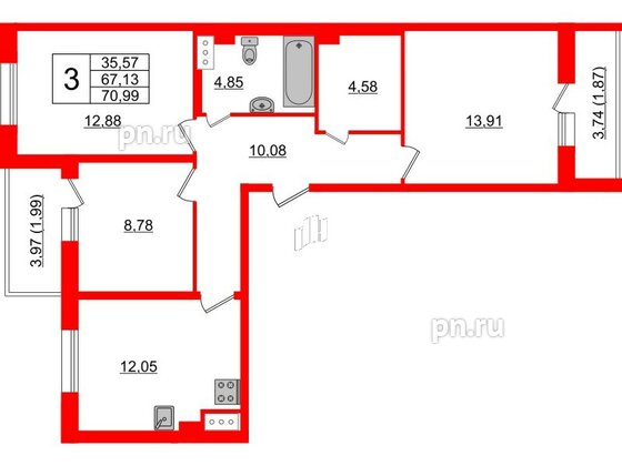 Квартира в ЖК Астрид, 3 комнатная, 70.99 м², 5 этаж