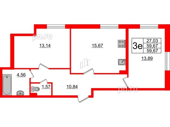 Квартира в ЖК Астрид, 2 комнатная, 59.67 м², 1 этаж