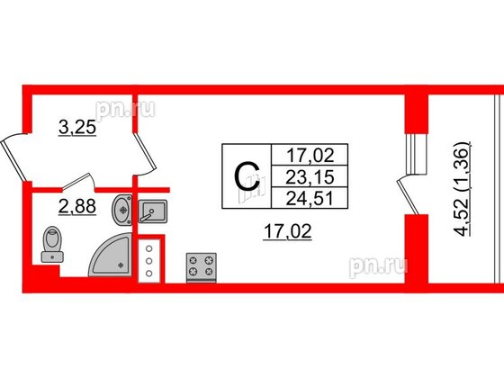 Квартира в ЖК Астрид, студия, 24.51 м², 3 этаж