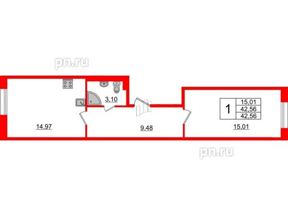 Квартира в ЖК Астрид, 1 комнатная, 42.56 м², 1 этаж