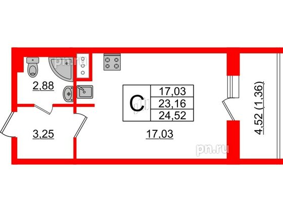 Квартира в ЖК Астрид, студия, 24.52 м², 3 этаж