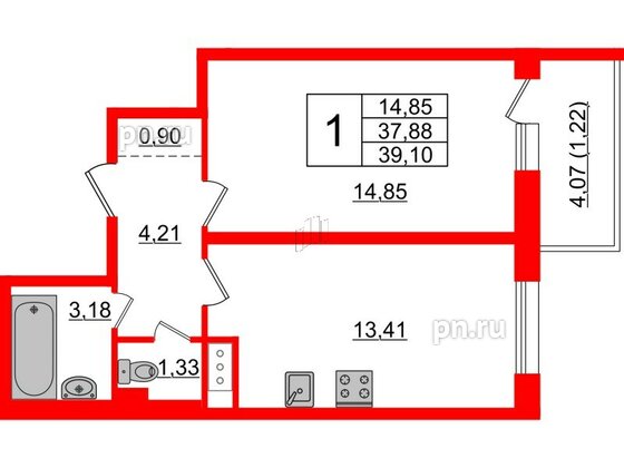 Квартира в ЖК Астрид, 1 комнатная, 39.1 м², 5 этаж