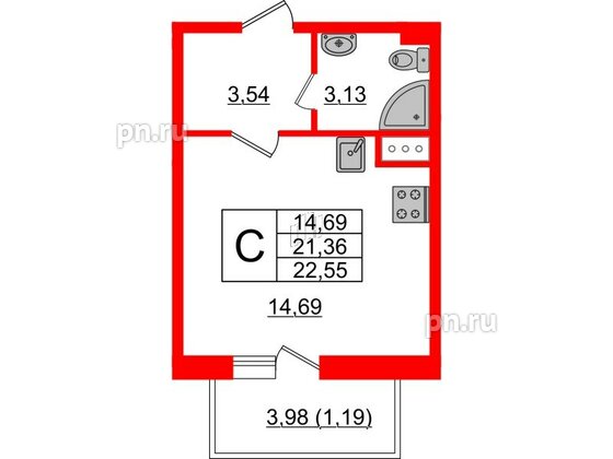 Квартира в ЖК Астрид, студия, 22.55 м², 3 этаж