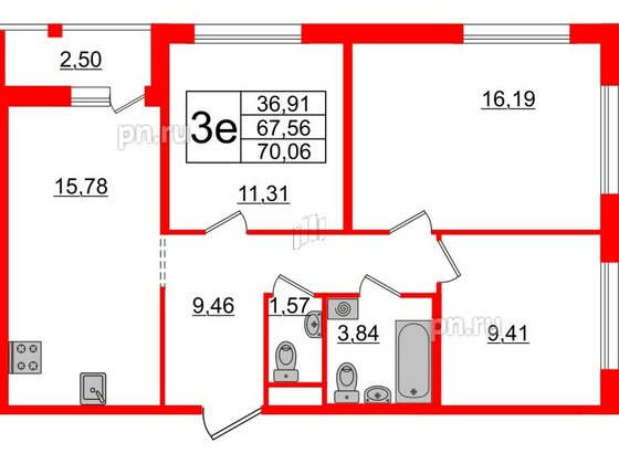 Квартира в ЖК ЦДС Parkolovo, 3 комнатная, 67.56 м², 13 этаж