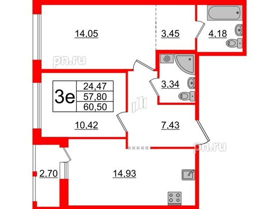 Квартира в ЖК ЦДС Parkolovo, 2 комнатная, 57.8 м², 2 этаж