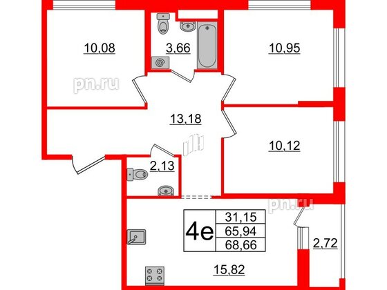 Квартира в ЖК ЦДС Parkolovo, 3 комнатная, 65.94 м², 10 этаж