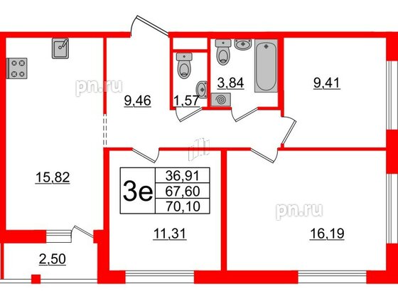 Квартира в ЖК ЦДС Parkolovo, 3 комнатная, 67.6 м², 7 этаж