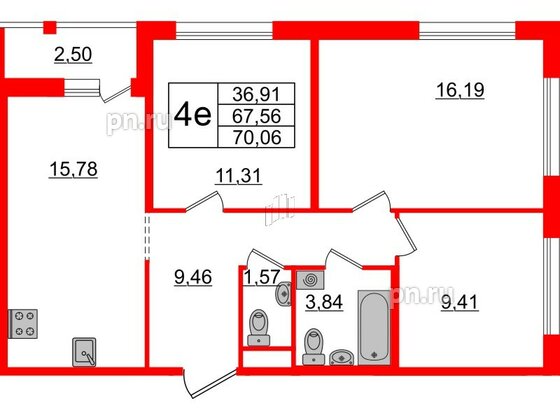 Квартира в ЖК ЦДС Parkolovo, 3 комнатная, 67.56 м², 6 этаж